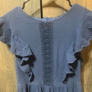 Blue Textured Dress with Ruffle Sleeves